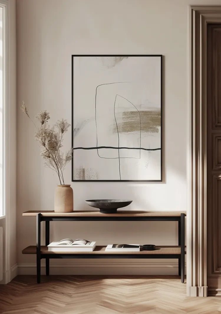 Beige horizontale Pinselstriche Schwarze Linien Abstrakt Minimalistisches Gemälde