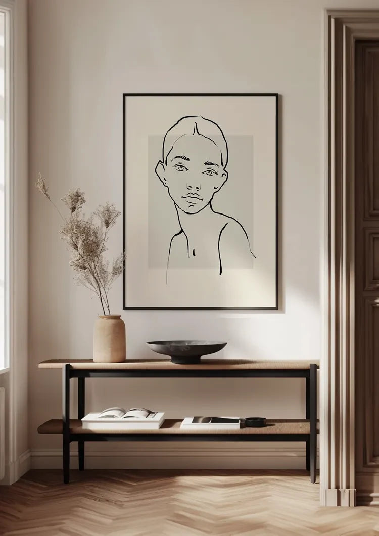 Elegante Frau Schwarz Linienkunst Beige Hintergrund Minimalistisches Porträt Gemälde