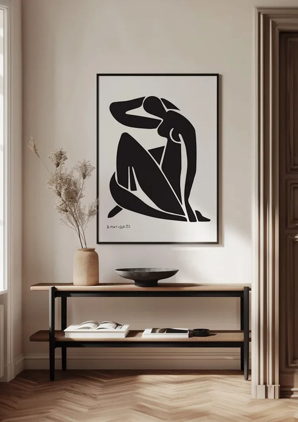 Weibliche Silhouette sitzend Schwarz Weiß Minimalistisch Elegant Gemälde