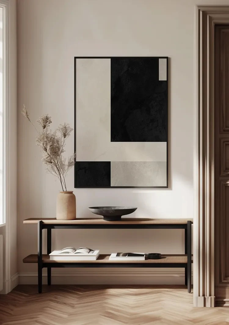Geometrische Abstrakte Komposition Schwarz Weiß Beige Minimalistisches Gemälde