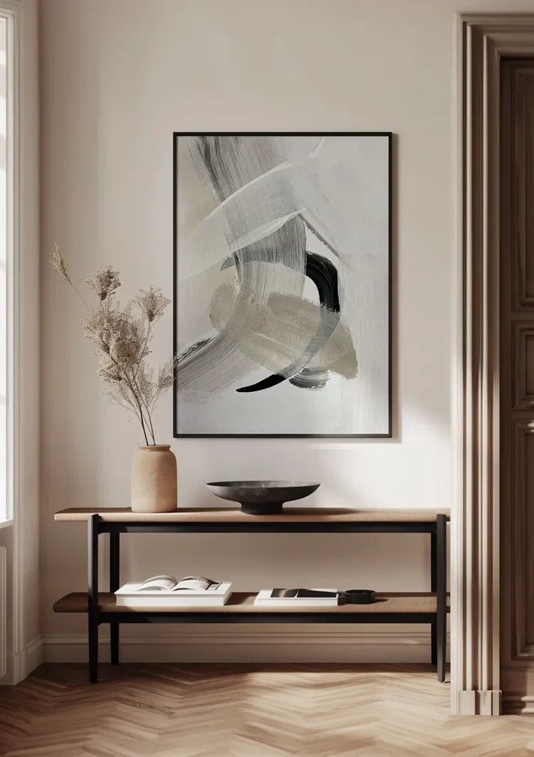 Abstracte Neutrale Penseelstreken Zwart Wit Expressionistisch Schilderij