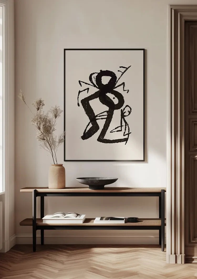 Grafische Figuren Zwarte Inkt Primitief Expressief Beige Schilderij