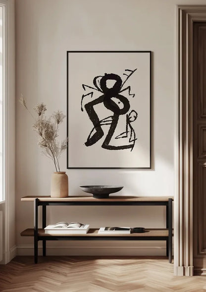 Grafische Figuren Zwarte Inkt Primitief Expressief Beige Schilderij