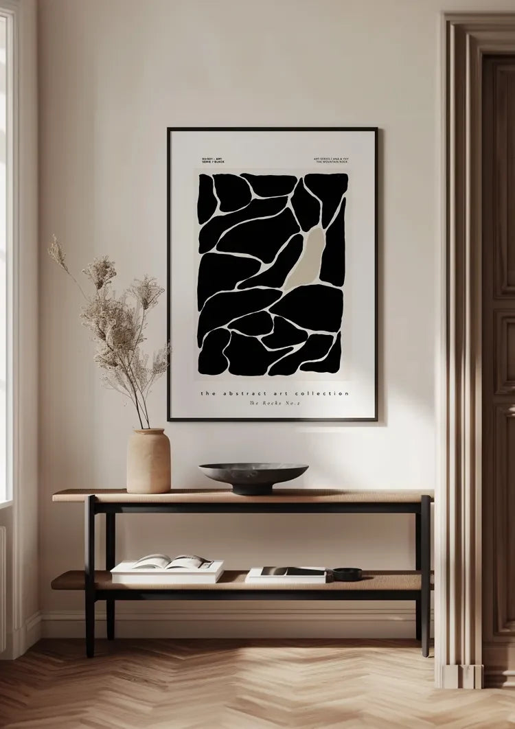 Abstrakte schwarze Felsen, weiße Linien, organisches modernes Gemälde