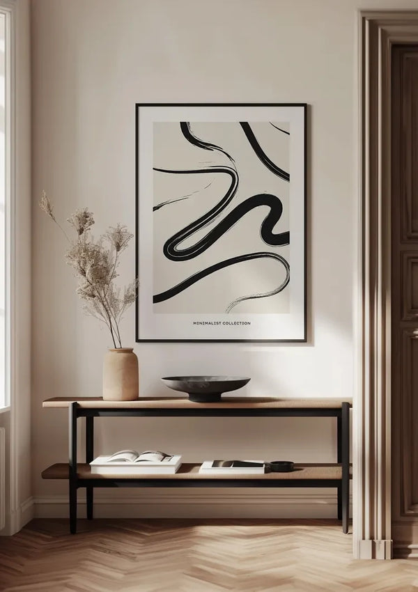 Black Flowing Lines Abstract White Modern Painting