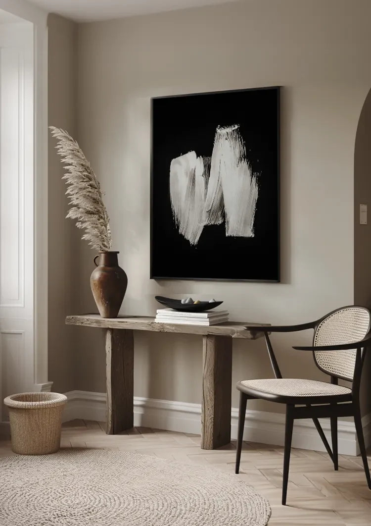White Paint Strokes Black Abstract Expressive Gestural Art Painting