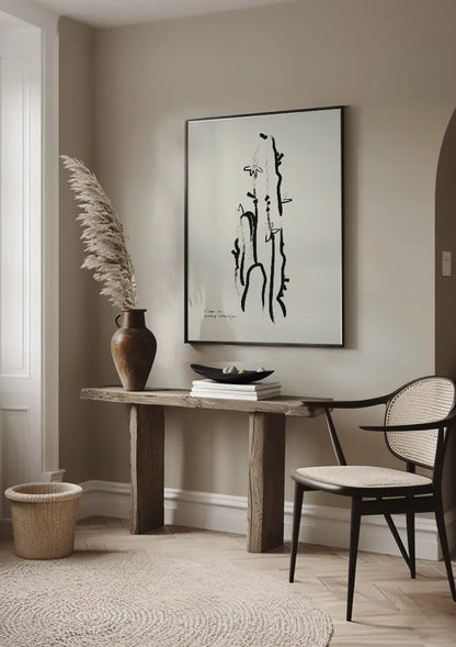 Geschilderde Cactus Zwarte Lijnen Beige Achtergrond Minimalistisch Schilderij