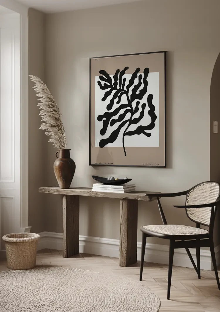 Zwarte Abstracte Bladvormen Beige Expressief Organisch Botanisch Kunst Schilderij