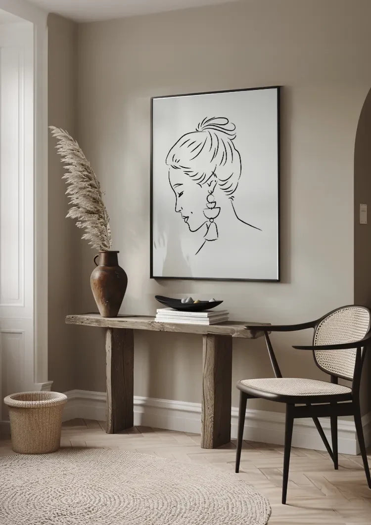 Vrouw Profiel Opgestoken Haar Oorbel Lijntekening Elegant Portret Schilderij
