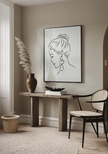 Vrouw Profiel Opgestoken Haar Oorbel Lijntekening Elegant Portret Schilderij
