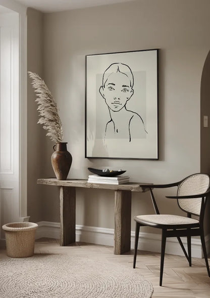 Elegante Frau Schwarz Linienkunst Beige Hintergrund Minimalistisches Porträt Gemälde