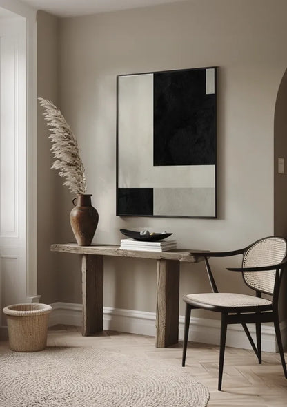 Geometrische Abstrakte Komposition Schwarz Weiß Beige Minimalistisches Gemälde