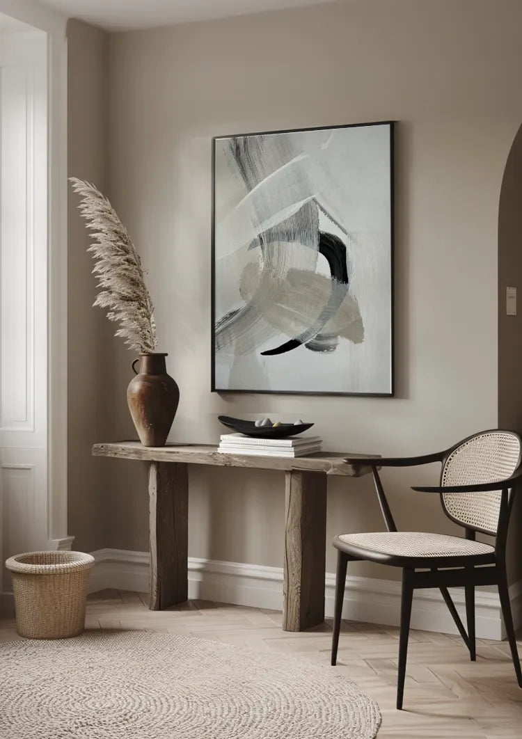 Abstracte Neutrale Penseelstreken Zwart Wit Expressionistisch Schilderij