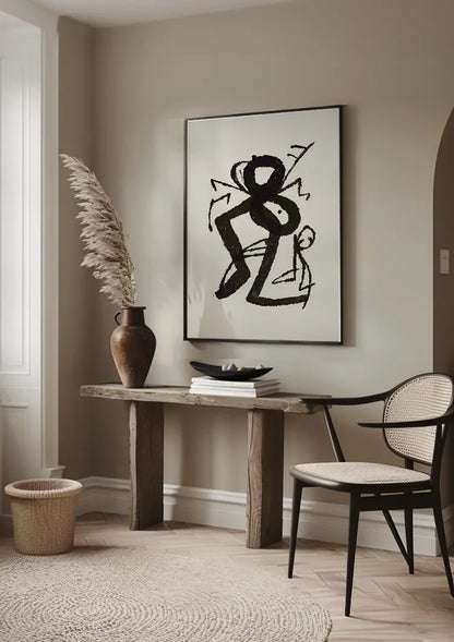 Grafische Figuren Zwarte Inkt Primitief Expressief Beige Schilderij