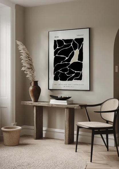 Abstrakte schwarze Felsen, weiße Linien, organisches modernes Gemälde