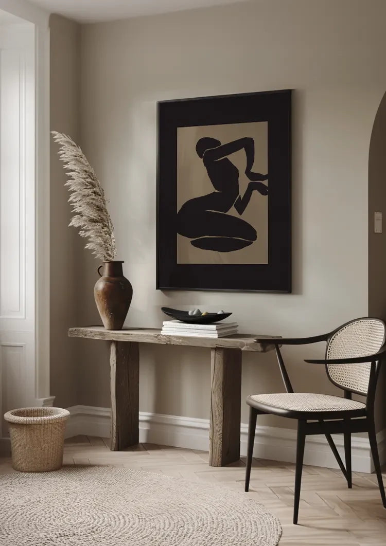 Black Silhouette Female Figure Kneeling Matisse Style Beige Painting