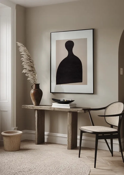 Schwarze Bauernfigur Silhouette Beiger Hintergrund Grafisches Minimalistisches Gemälde
