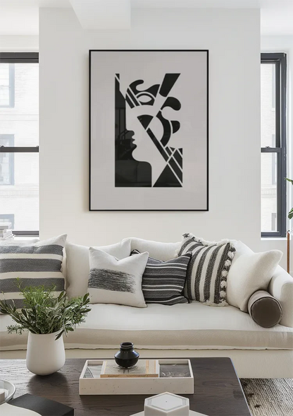 Abstract Portret Geometrische Vormen Zwart Wit Art Deco Stijl Schilderij
