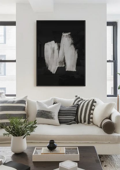 White Paint Strokes Black Abstract Expressive Gestural Art Painting