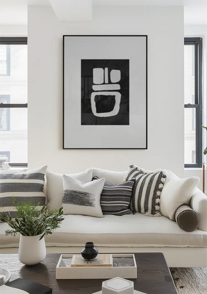 Weiße geometrische Formen, schwarzes, minimalistisches, abstraktes Kunstgemälde