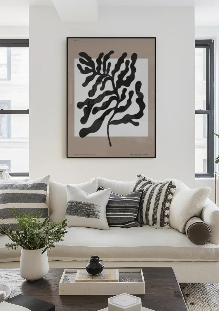 Zwarte Abstracte Bladvormen Beige Expressief Organisch Botanisch Kunst Schilderij