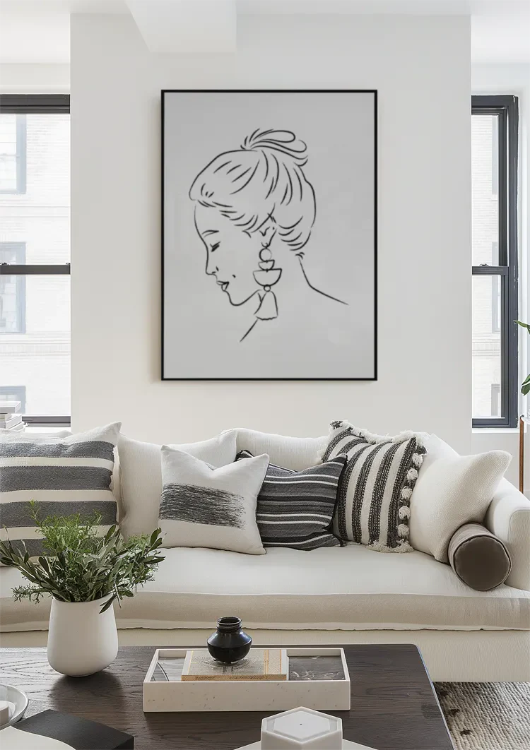 Vrouw Profiel Opgestoken Haar Oorbel Lijntekening Elegant Portret Schilderij