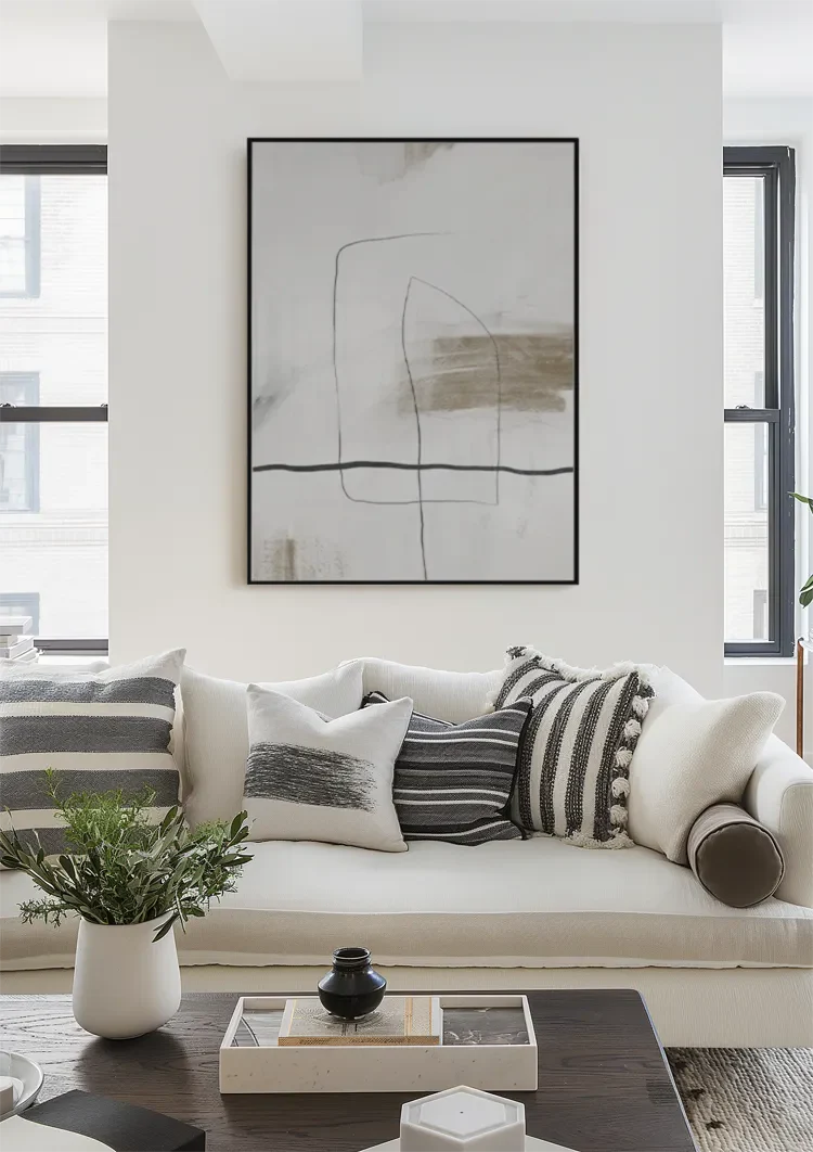 Beige horizontale Pinselstriche Schwarze Linien Abstrakt Minimalistisches Gemälde