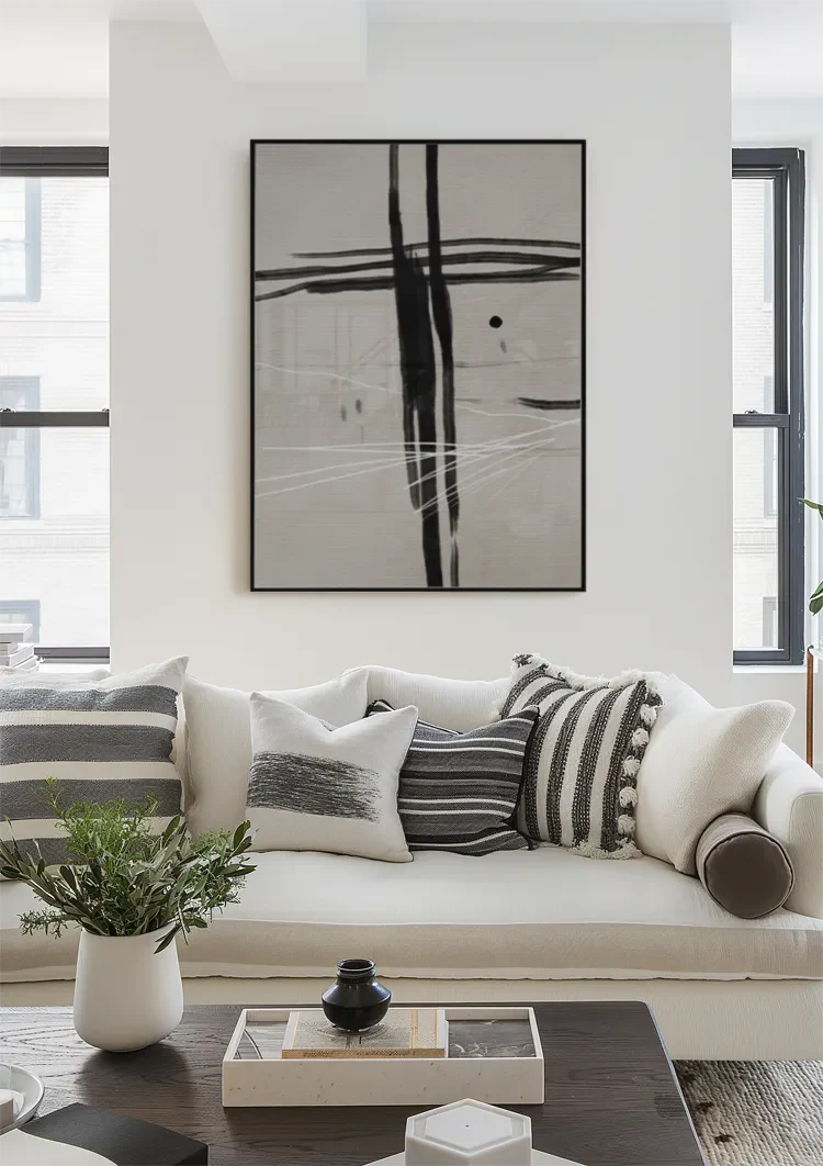 Black Cross Brushstrokes Beige Abstract Expressive Minimalist Art Painting