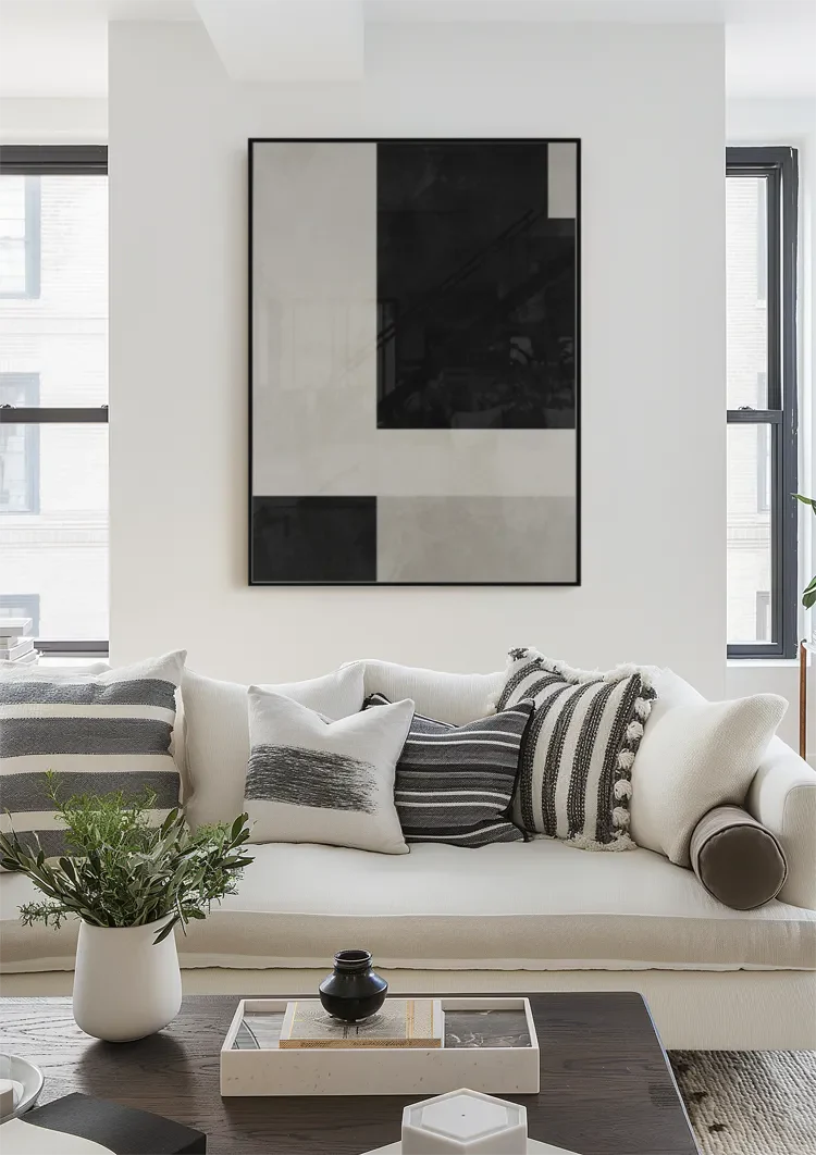 Geometrische Abstrakte Komposition Schwarz Weiß Beige Minimalistisches Gemälde