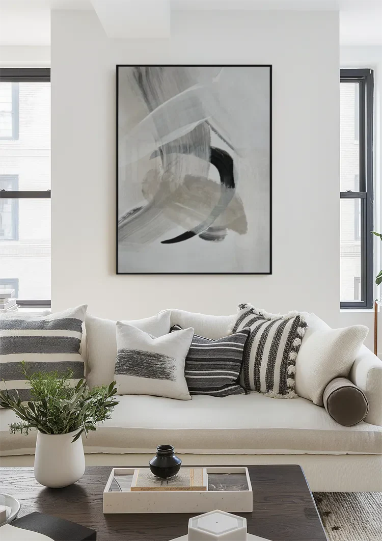 Abstracte Neutrale Penseelstreken Zwart Wit Expressionistisch Schilderij