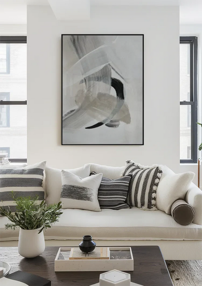 Abstracte Neutrale Penseelstreken Zwart Wit Expressionistisch Schilderij