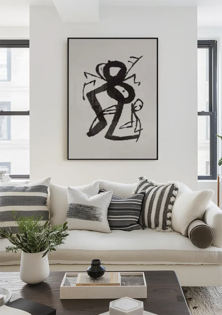 Grafische Figuren Zwarte Inkt Primitief Expressief Beige Schilderij