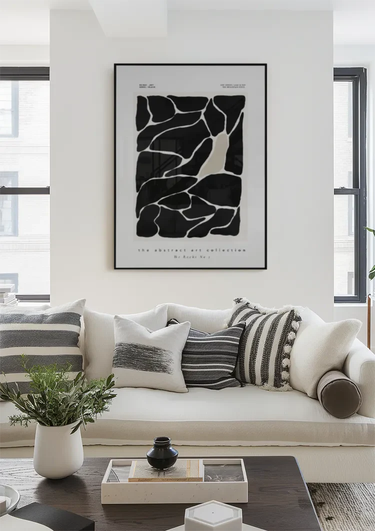 Abstrakte schwarze Felsen, weiße Linien, organisches modernes Gemälde