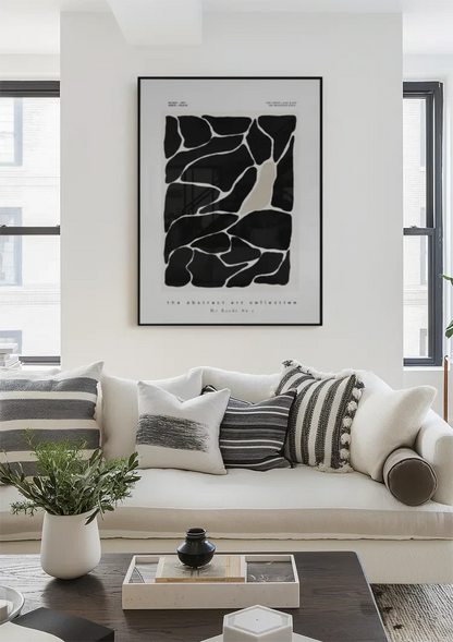 Abstrakte schwarze Felsen, weiße Linien, organisches modernes Gemälde