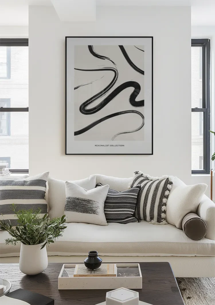 Black Flowing Lines Abstract White Modern Painting