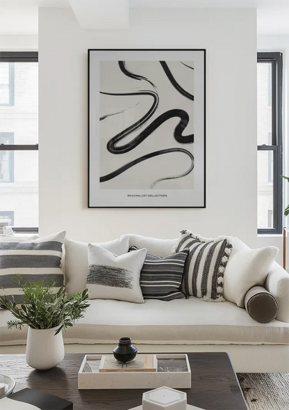 Black Flowing Lines Abstract White Modern Painting