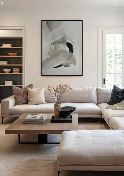 Abstracte Neutrale Penseelstreken Zwart Wit Expressionistisch Schilderij
