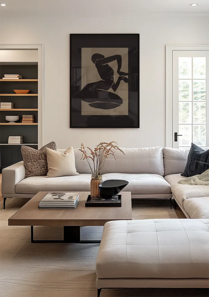 Black Silhouette Female Figure Kneeling Matisse Style Beige Painting