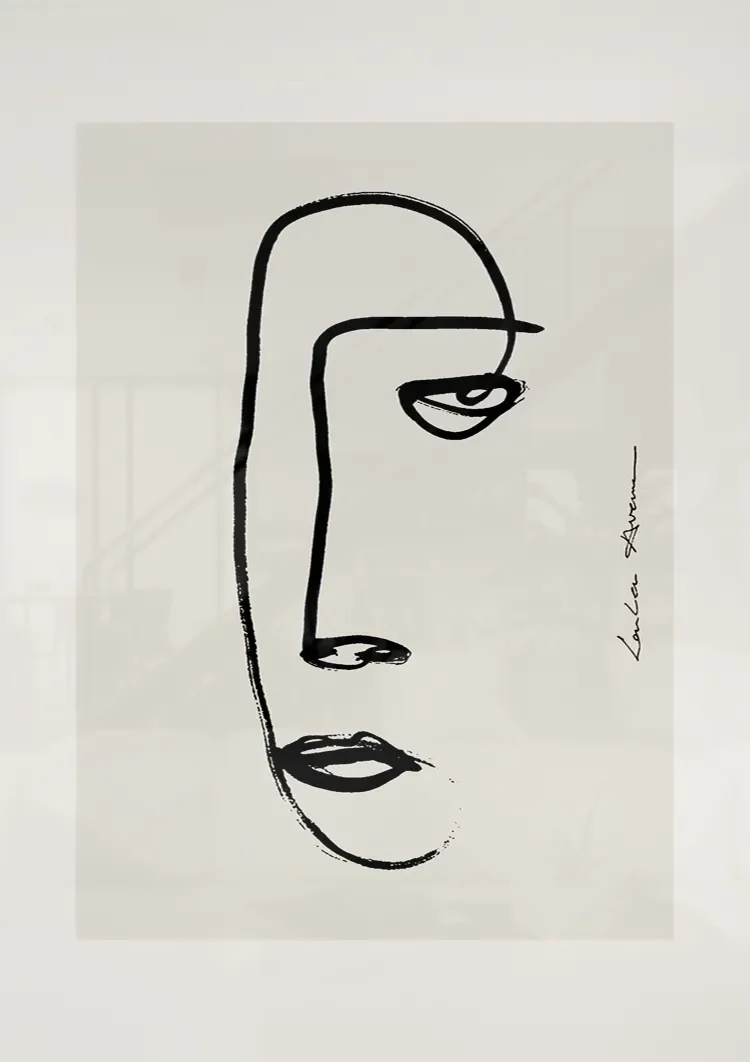 Frauengesicht Linienzeichnung Minimalistische Abstrakte Kunst Beiges Gemälde