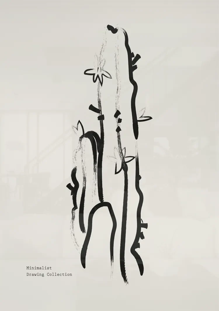 Geschilderde Cactus Zwarte Lijnen Beige Achtergrond Minimalistisch Schilderij