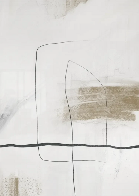 Beige verfstrepen canvas schilderij aan de muur boven het bed in de slaapkamer