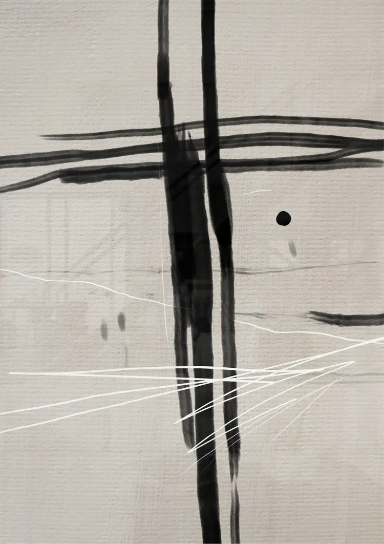 Black Cross Brushstrokes Beige Abstract Expressive Minimalist Art Painting
