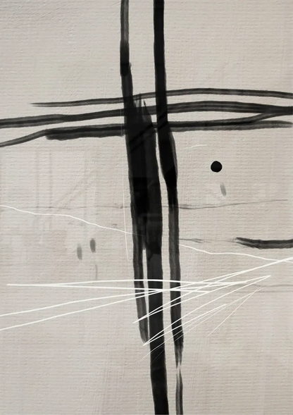 Black Cross Brushstrokes Beige Abstract Expressive Minimalist Art Painting