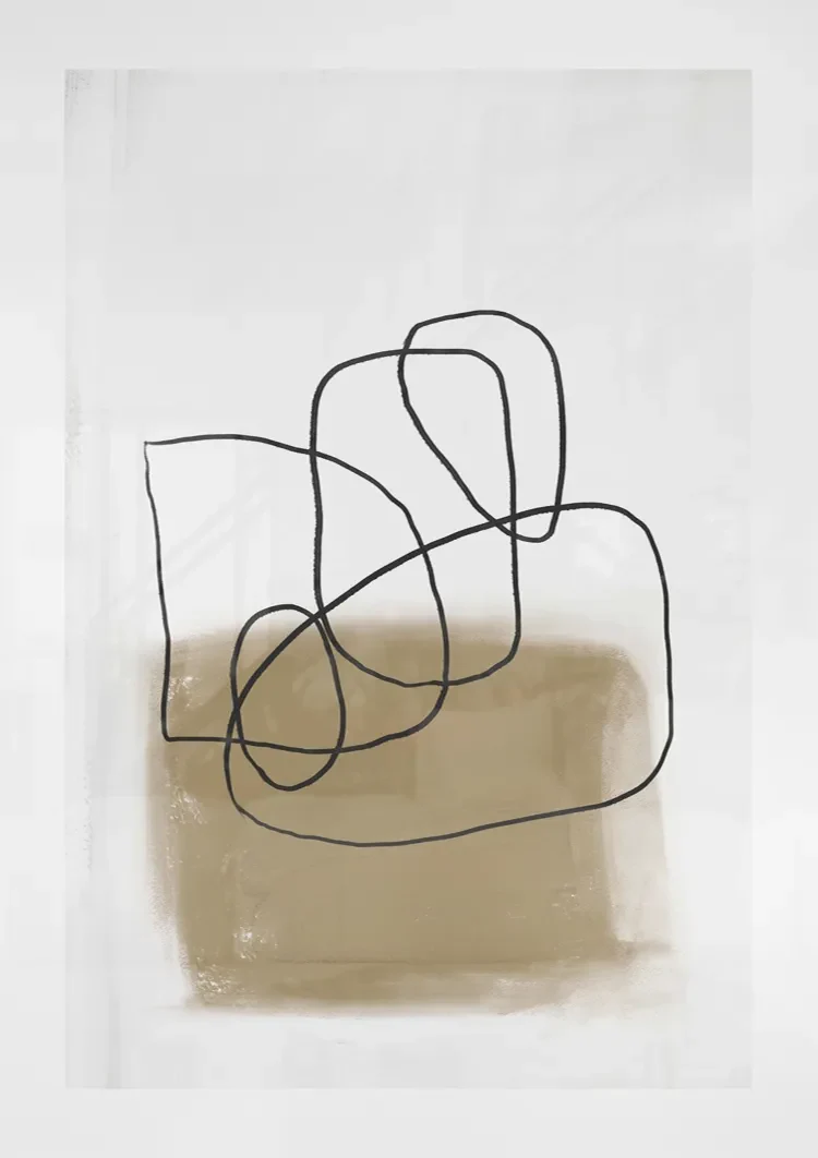 Verspielte Abstrakte Linienzeichnung Schwarz Beige Minimalistisches Gemälde
