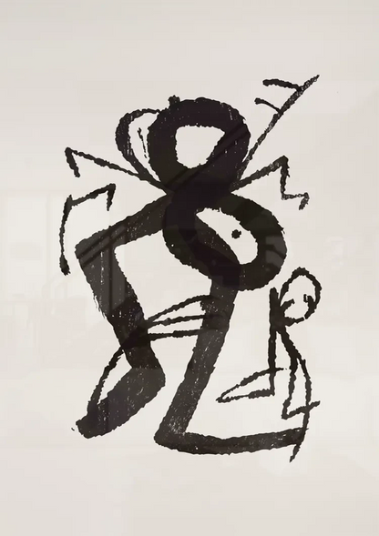 Grafische Figuren Zwarte Inkt Primitief Expressief Beige Schilderij