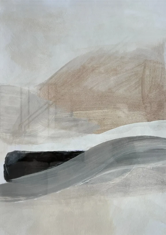 Abstracte Golvende Penseelstreken Beige Grijs Minimalistisch Canvas Schilderij
