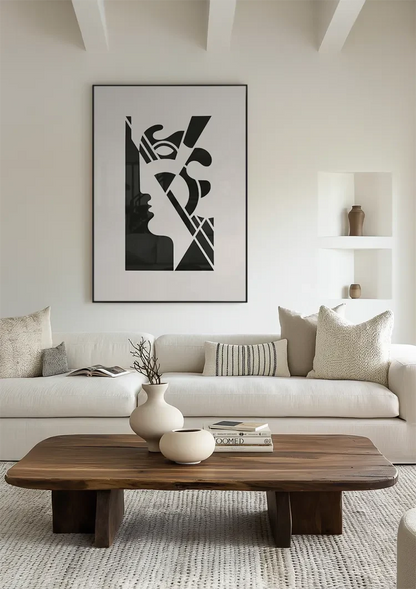 Abstract Portret Geometrische Vormen Zwart Wit Art Deco Stijl Schilderij
