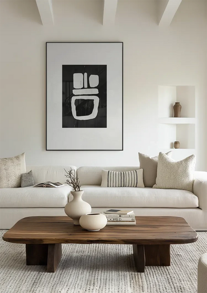 Weiße geometrische Formen, schwarzes, minimalistisches, abstraktes Kunstgemälde