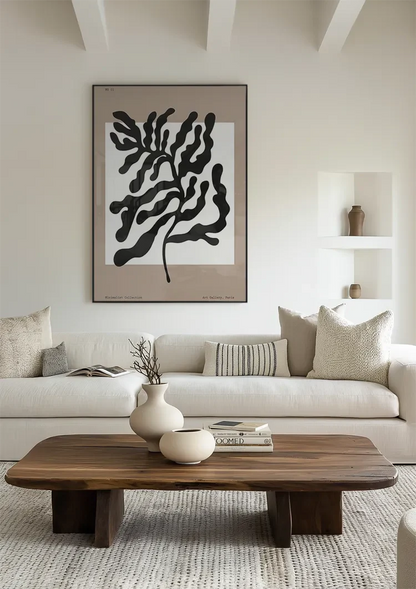 Zwarte Abstracte Bladvormen Beige Expressief Organisch Botanisch Kunst Schilderij