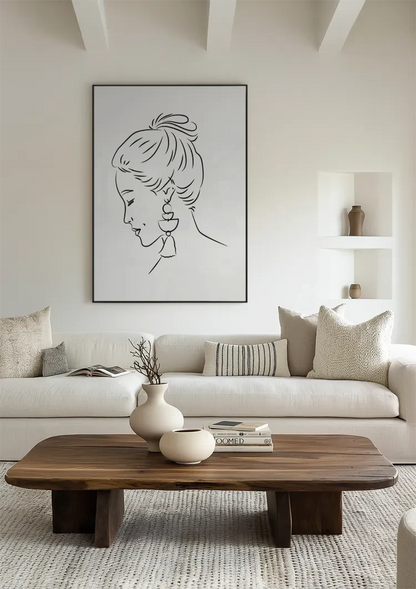 Vrouw Profiel Opgestoken Haar Oorbel Lijntekening Elegant Portret Schilderij